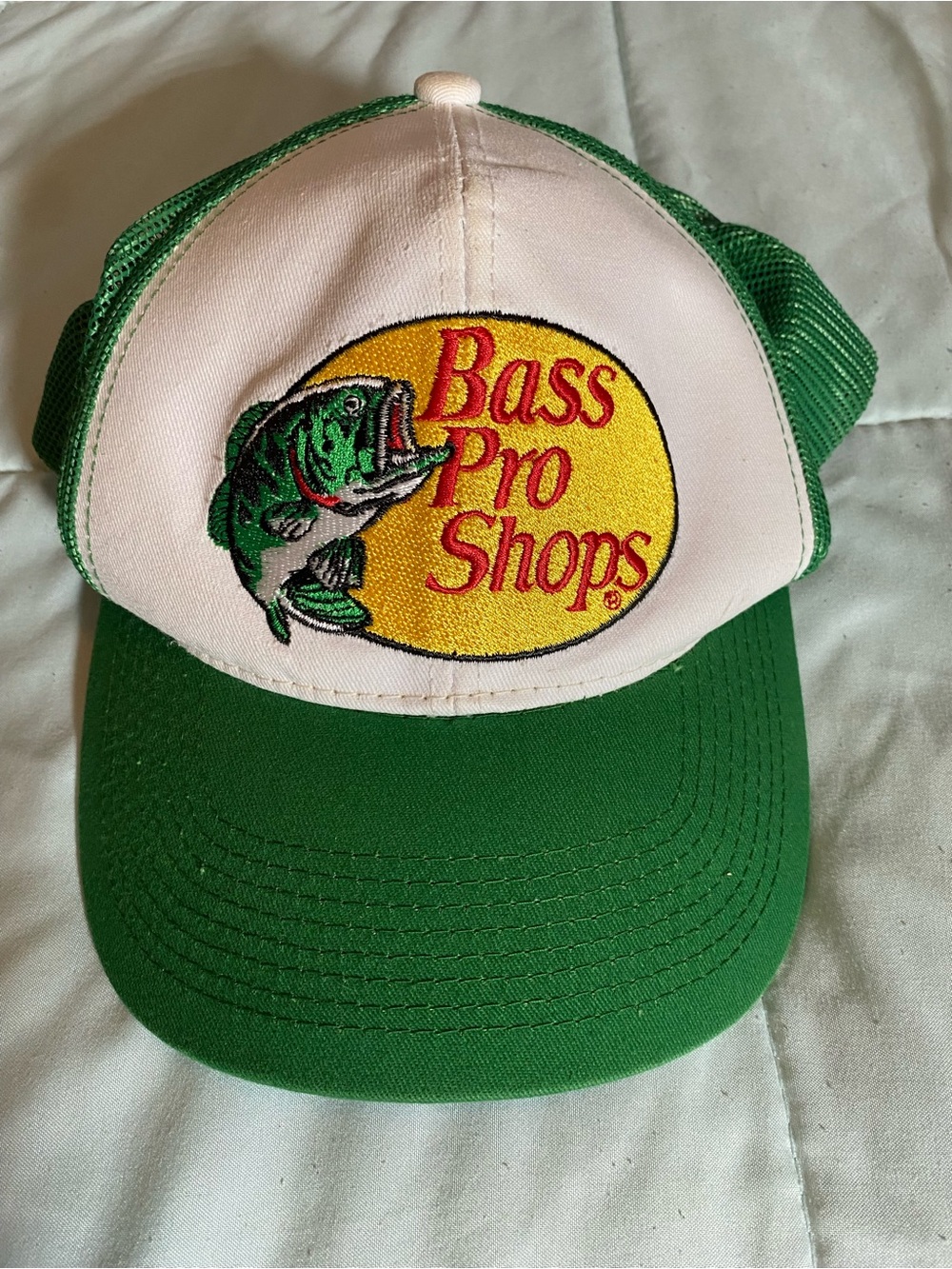 Vintage Bass Pro Shops Green and White Trucker Cap